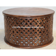 Mango Wood Ethnic Wooden Carving Round Coffee Table